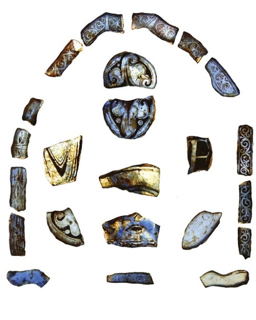 Fragments of blue stained glass found at Glastonbury Abbey (1100s), of very high quality for the tim