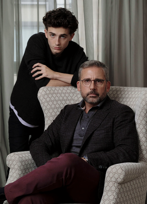 Timothée Chalamet and Steve Carell pose during a portrait session at the Omni King Edward Hotel to p