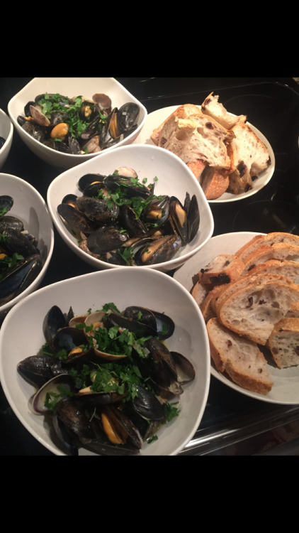 From Gastroposter Cathy Luff: Mussels perfectly steamed in garlic & white wine with crusty home 