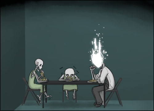 angelia-dark: zarla-s:  [Previous] A strange, awkward dinner for all involved. Gaster’s nightmare is symbolic, as you can probably guess. Dust is a recurring theme for him for various reasons. When you’re tired and hungry and freaked out, you’ve