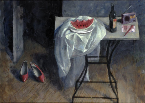 Red Shoes , Red Wine and Watermelon  -   Pavlos Samios , 2006Greek, b.1948-acrylic on canvas,