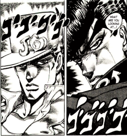 yoursus:  thumbleesin:  look how unnecessarily huge jotaro’s stupid fucking hat is  By the end of part 4 Josuke doesn’t even look like that anymore like at all.  hell in the next 10 chapters josuke doesnt look like that. 