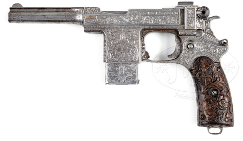  Exhibition quality engraved Bergmann Mars M1903 semi automatic pistol with gold inlays and carved g