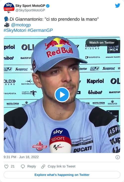 🗣Di Giannantonio: "ci sto prendendo la mano" 🎥 @motogp#SkyMotori #GermanGP pic.twitter.com/enSb4ZWajF  — Sky Sport MotoGP (@SkySportMotoGP) June 18, 2022