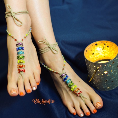 Check out my awesome rainbow barefoot sandals! The rainbow colors make me feel happy. ☀️ Handmade je