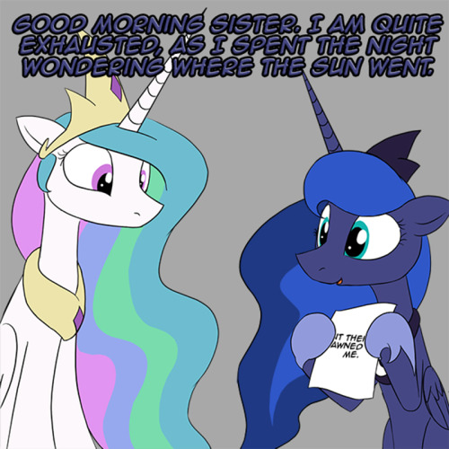 askpun:  I try to help the princess of the night catch up on the humor of today. Her delivery still leaves much to be desired. Artwork by LoCeriScript #497  D'aww, Luna you so adorbs :3