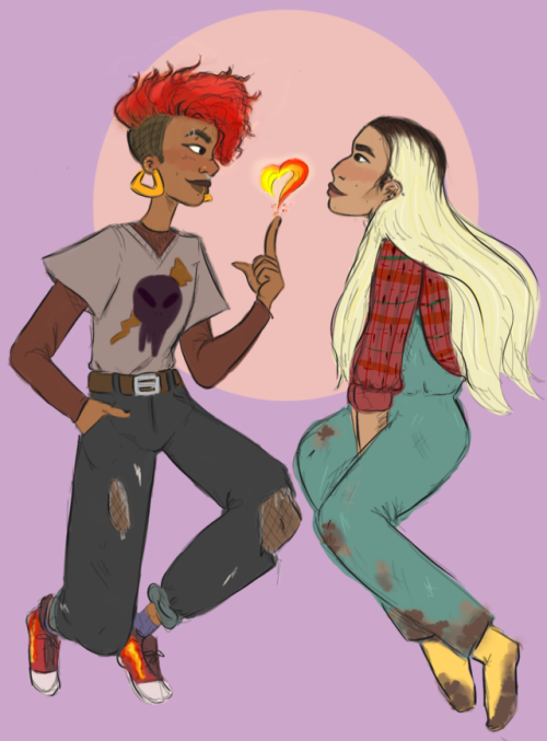 divinelark:[image description: a drawing of Aubrey Little and Dani.  They’re both in susp