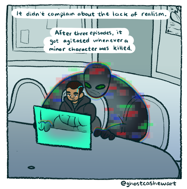 panel 1 of a comic: text reads "Six episodes later, I felt the transport in the feed again, lurking. I ignored it, though it had to know I knew it was there." Secunit sits at a table watching a show while ART, much larger than Secunit, stares at it from the doorway behind it.