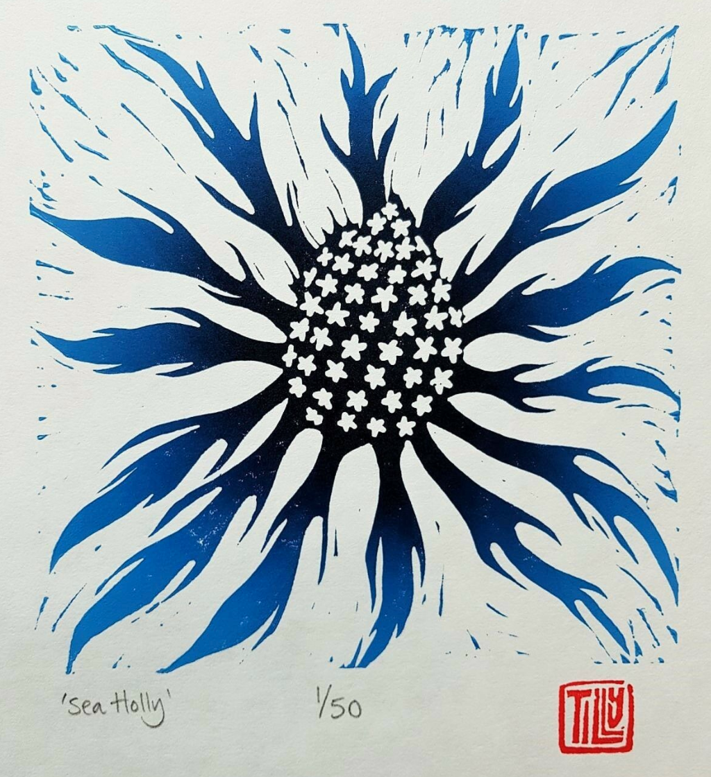 ein-bleistift-und-radiergummi:
“ ‘Sea Holly’ Linocut print, 2018.
”