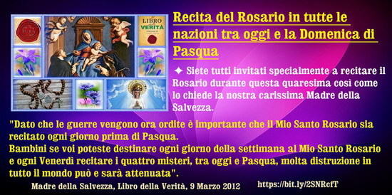 ◊⋱♥⋰ Recita del Rosario in tutte le nazioni tra oggi e la Domenica di Pasqua February 18, 2021 at 04:00AM
Siete tutti invitati specialmente a recitare il Rosario durante questa quaresima così come lo chiede la nostra carissima Madre della Salvezza:...