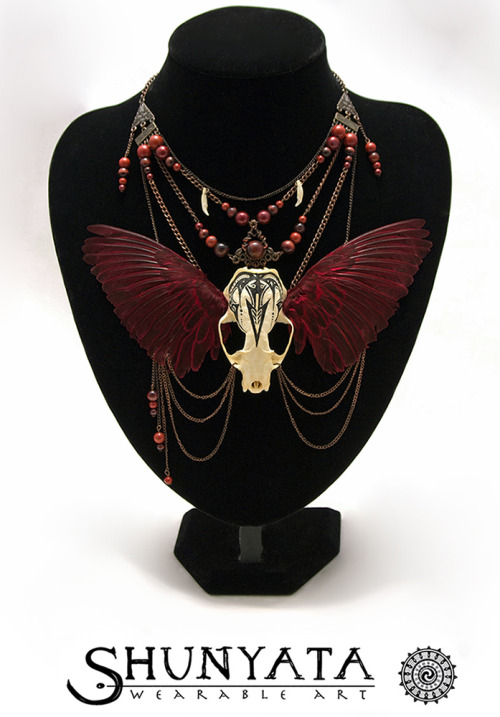 Hand inked mink skull with hand-dyed sparrow wings, semi precious stones, carnelian, tiger&rsquo;s e