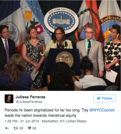 vox:  New York City to provide free tampons and pads in public schools, jails, and shelters After a unanimous vote by the city council (49-0) Tuesday, the city will soon provide free tampons and pads in all public schools, jails, and homeless shelters,