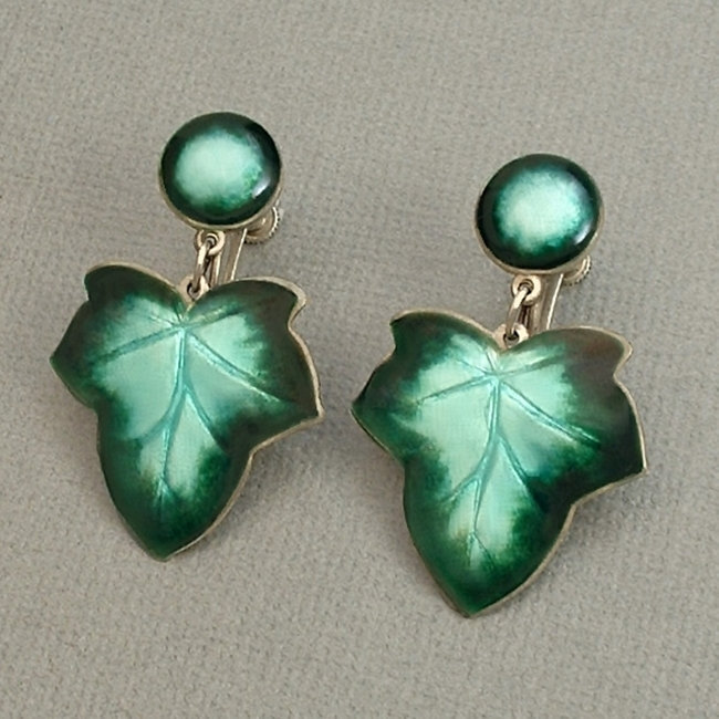 Vintage Sterling Silver Enamel Earrings English Ivy Leaves Turquoise