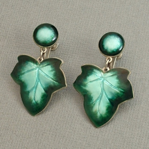 Vintage STERLING Silver ENAMEL Earrings English IVY Leaves Turquoise Green Dangles Screwbacks Hallma