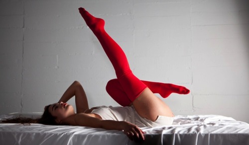 americanapparel:  Lera, wearing the Silky Romper and Cotton Solid Thigh-High Sock, Fall 2011. 