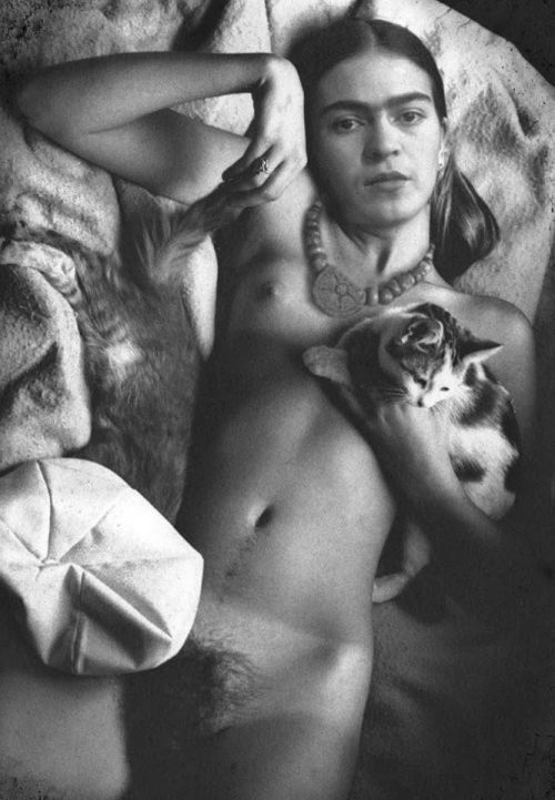 thevisualvamp:  retrogasm:  Frida Khalo and Cats  Every woman needs her medium