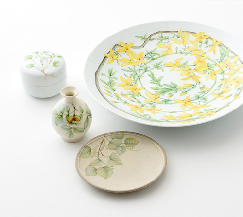 japanese-plants:Porcelain dish with forsythia design by Ishii Itsuro (1952-)