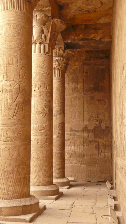 Temple of EdfuStone columns decorated with hieroglyphs in the court of offerings at the Temple of Ho