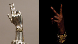 b4-16:  Left: Reliquary arm of St. Valentine 14th century Swiss Right: 2 Chainz 