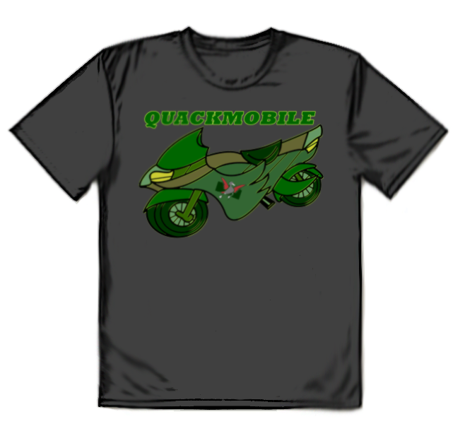 picture of a t-shirt with a duck themed motorcycle under the words Quackmobile