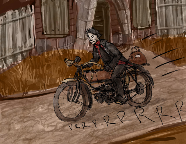 Digital sketch of The Bachelor driving an old-fashioned motorcycle down the street in Pathologic
