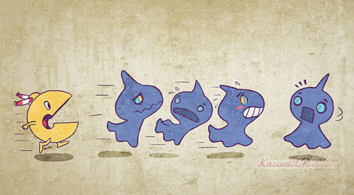 alexandrasketch:  After that Chingling design who looks like PacMan, my husband gave me the idea to make him chase a few ghost Pokémon.  None of us is sorry about this.  