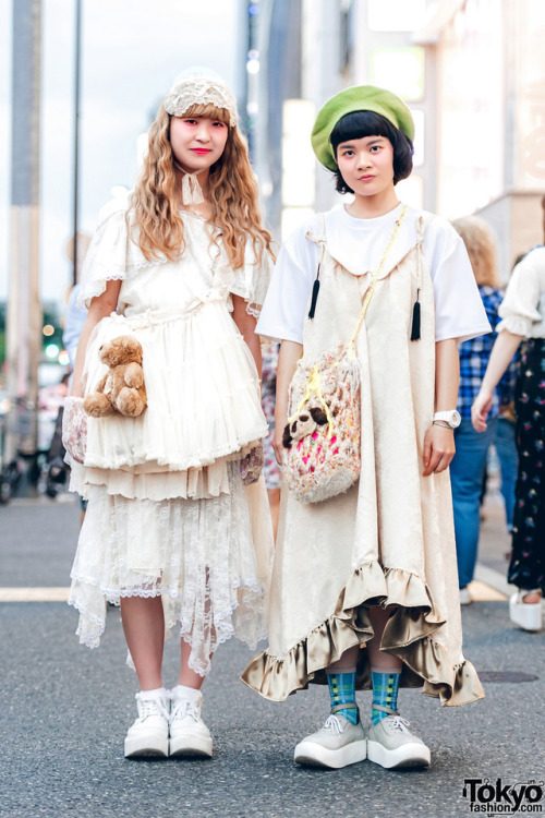 Japanese students Kasumi and Teiyu on the street in Harajuku wearing vintage and antique styles with