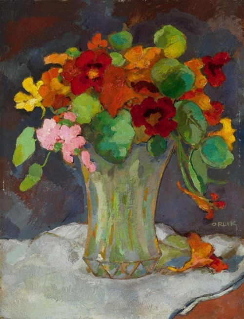 Still Life with Red Cress Blossoms  -   Emil Orlik, 1910Czech 1870-1932Oil on cardboard,  31.6 x 24 