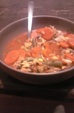 My soup  It&rsquo;s mostly just random cans of vegetables, a couple cans of v8, mushrooms, onions, three cans of chicken breast, and some spices. Oh and a little broccoli and some spinach. I cooked the onions, mushrooms, spinach, and chicken separately