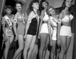 beatnikdaddio:patience is a virtue.   1949 Miss Minnesota contestants lining up for the swimsuit competition  