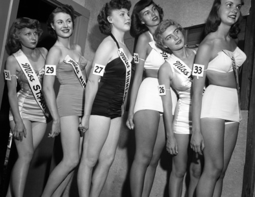 beatnikdaddio:patience is a virtue.   1949 Miss Minnesota contestants lining up for the swimsuit competition  