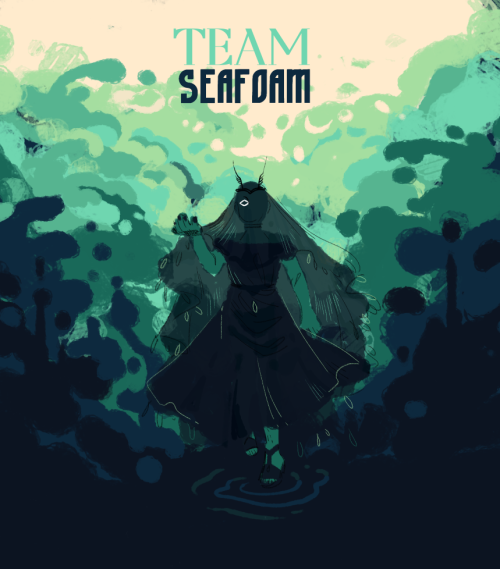 A digital painting of a figure shrouded in black robes and veils, wearing a thin black crown, walking as the waters, dark and thick, part around them. At the top of the image is written "Team Seafoam".