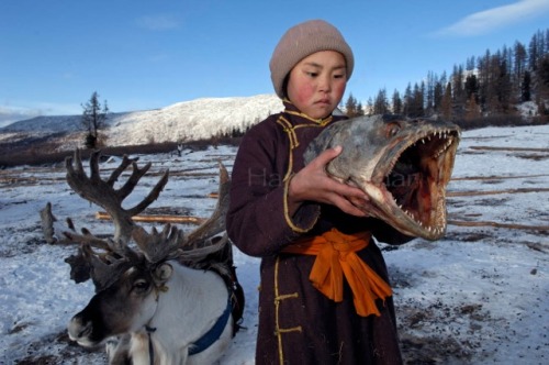 Dukha kid holding the head of a taimen fish. Taimen can grow up to a meter and a half long. They are