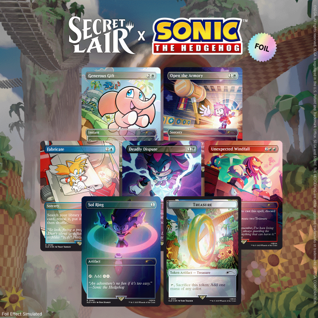 Image promoting Secret Lair x Sonic the Hedgehog collaboration. Cards featured within the image are: Generous Gift, Open the Armory, Fabricate, Deadly Dispute, Unexpected Windfall, Sol Ring, and Treasure.