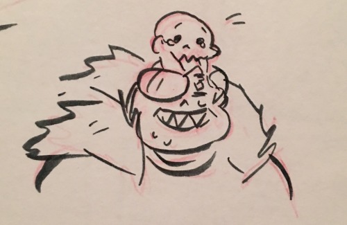 stuffedart:  @bluelinklover98 I’d imagine if the two weren’t originally brothers and just happened across each other, Papyrus would be dead-set on protecting baby Sans while adult Sans would probably tease little Pap (who can be a bit of a brat) for