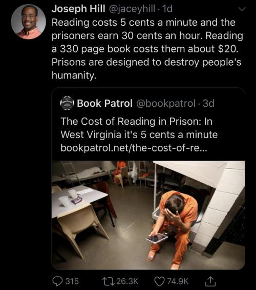 obi-wann-cannoli:twitblr:Not much focus on rehabilitation


This seems like a good time to mention the Prisoners Literature Project and Inside Books Project. Both of these organizations send free books to incarcerated people, and are always looking for donations - both books and money -and volunteers! (Prisoners literature project sends books everywhere but Texas - Inside Books project is just Texas). 
