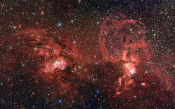 mindblowingscience:  In The Southern Milky Way  This space wallpaper from the Wide Field Imager on the MPG/ESO 2.2-metre telescope at ESO’s La Silla Observatory in Chile shows two dramatic star formation regions in the southern Milky Way. The first