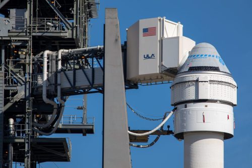 Inaugural Starliner flight arrives at launch pad. (December 18, 2019)With countdown clocks ticking t