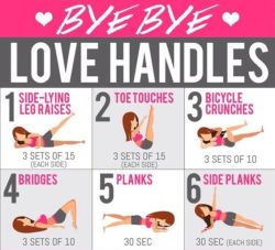 the-exercist: myhealthandfitnessmotivation:  Bye bye, love handles * Side-lying leg raises * Toe touches * Bicycle crunches * Bridges * Planks * Side planks  Spot reduction is a myth.  Even if you do a ton of exercises that target your abs, you’ll never