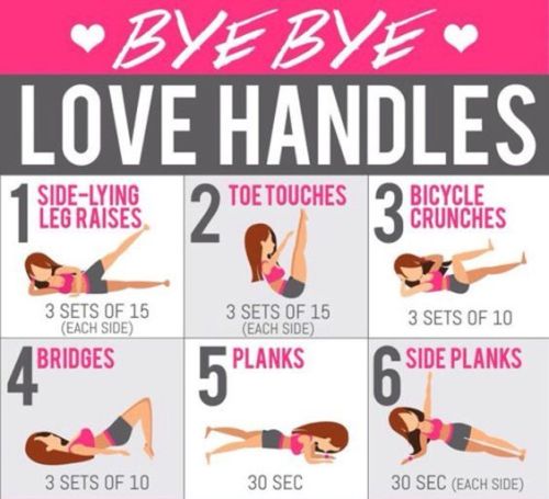 the-exercist: myhealthandfitnessmotivation:  Bye bye, love handles * Side-lying leg raises * Toe touches * Bicycle crunches * Bridges * Planks * Side planks  Spot reduction is a myth.  Even if you do a ton of exercises that target your abs, you’ll never