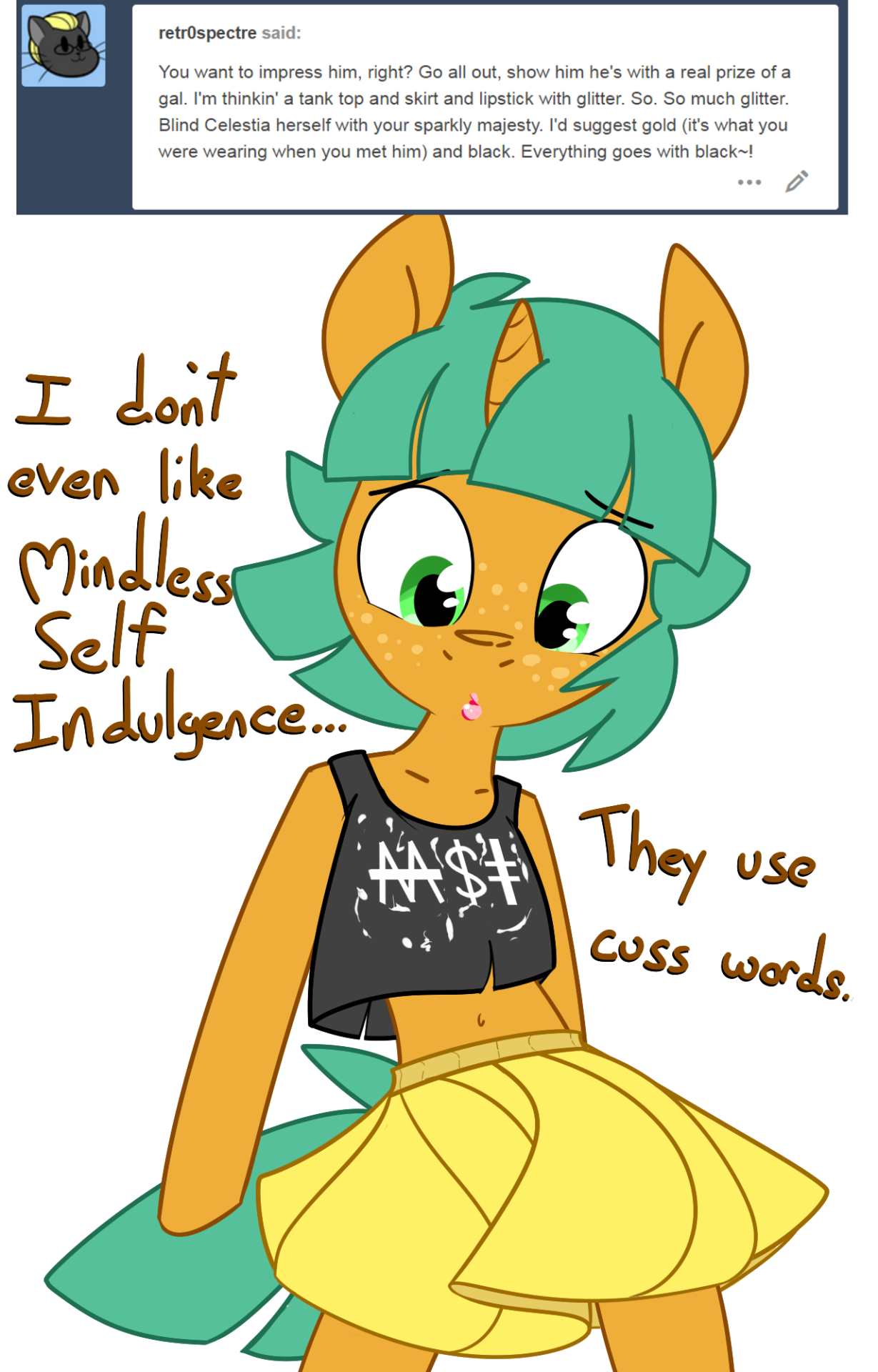 ask-glittershell: Should Glitter wear one of these outfits on the date?   Or maybe