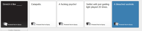 musersagainsthumanity:A few screenshots from tonight’s MAH game.~ Eliza (@killedbydrcnes)