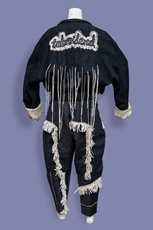 Christopher Nemeth “embroidered” jacket and fringe pants, 1980s or 1990s. Both are origi