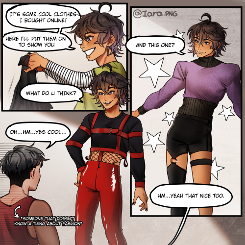 Little comic of my OC’s Raoni (brown haired dude) and Moon (Grey hair), Raoni loves fashion st