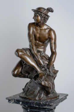 hermesandmercury:  Mercury, binding his winged sandals19th century cast after a marble sculpture of 1744Jean-Baptiste Pigalle (1714–1785)BronzeLandesmuseum für Kunst und Kulturgeschichte Oldenburg (Facebook: Hermes &amp; Mercury)