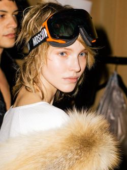 runwayandbeauty: Sasha Luss - Backstage at Moschino Fall 2015 Menswear, London. 