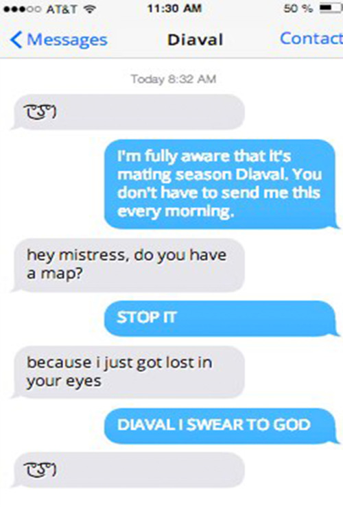 maleval text!au - part V - where maleficent talks to her partner diaval through text 