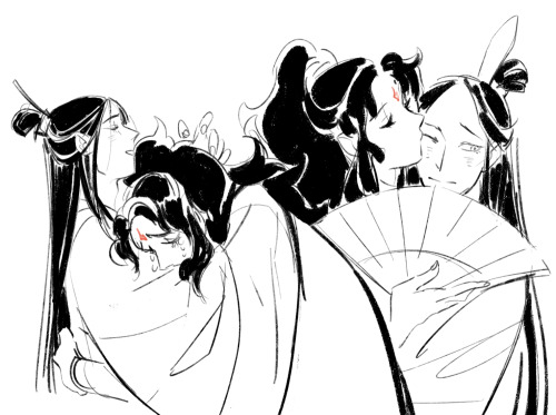 hawberries:self-care[images are lineart drawings; the first depicts shen qingqiu holding a sobbing l
