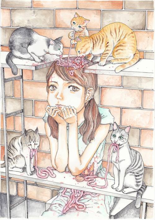 Cats by Japanese Manga Artist Shintaro Kago aka 駕籠 真太郎 (Japanese, b. 1969, Tokyo, Japan)