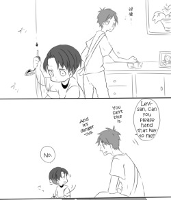 0809karu:  It’s amusing how Eren affixes “-san” even when Levi’s small(er than he usually is). Original: 【実録】りばいさん１さい by 小豆 